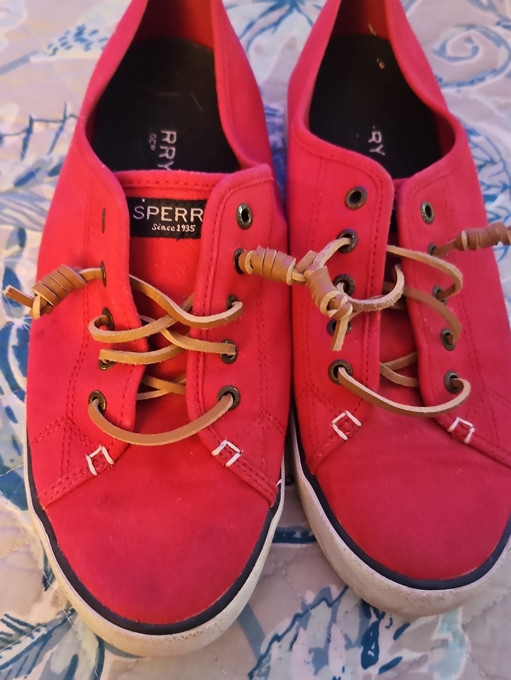 Sperry Red Canvas Boat Shoes with Tan Laces
